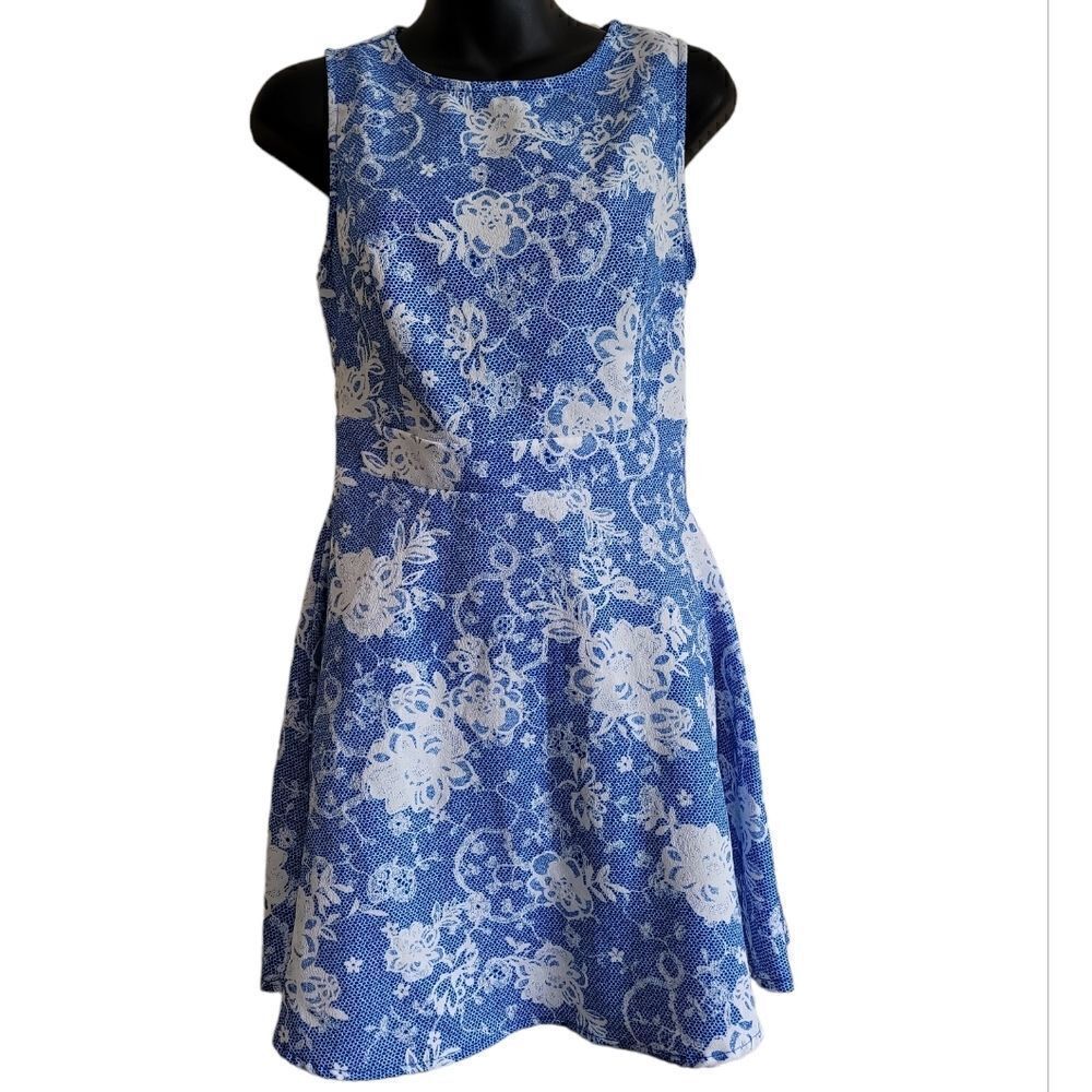 Three Ena Blue and White Sleeveless Floral Print Dress Sz Small - Picture 4 of 8